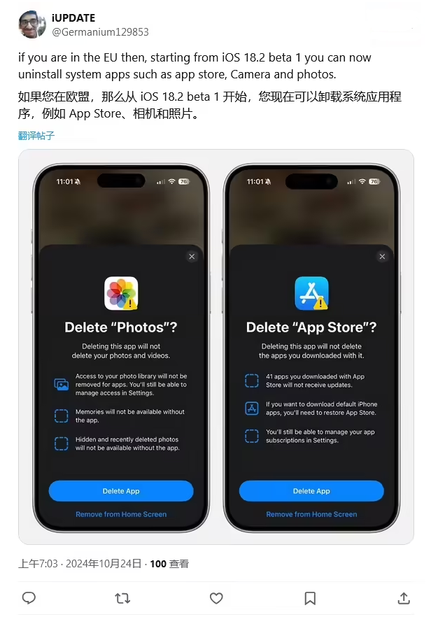 张湾苹果手机维修分享iOS 18.2 支持删除 App Store 应用商店 