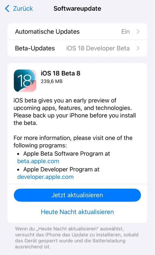 张湾苹果手机维修分享苹果 iOS / iPadOS 18 开发者预览版 Beta 8 发布 